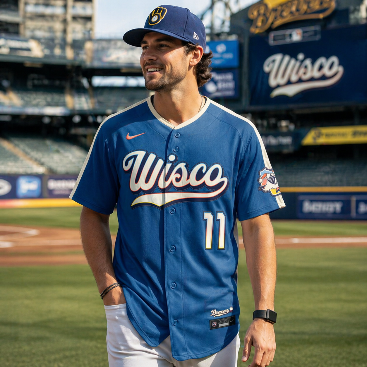 Baseball player wearing a blue 'Wisco' jersey with number 11 on a baseball field.