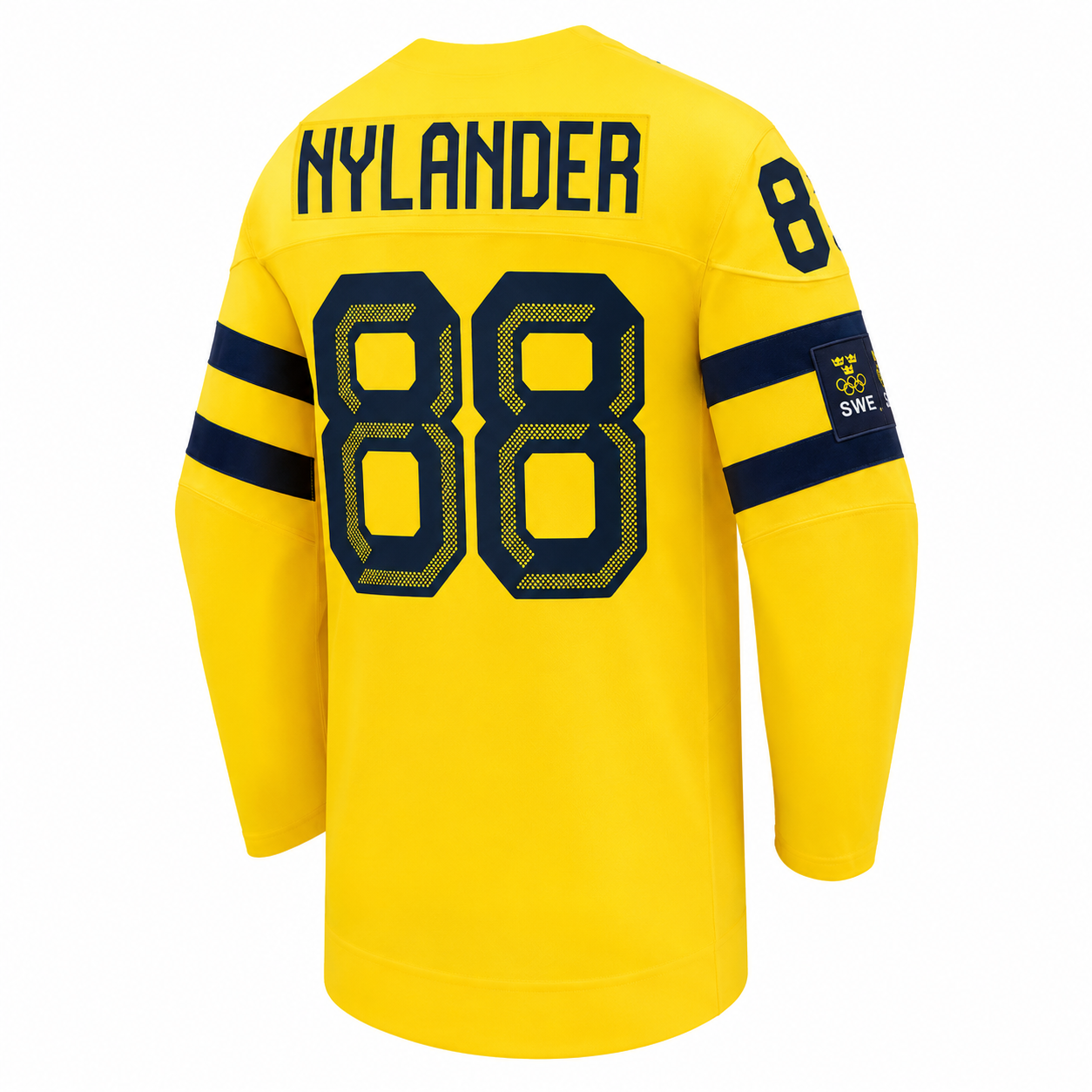 Back view of customizable William Nylander #88 Sweden Olympic Hockey Jersey