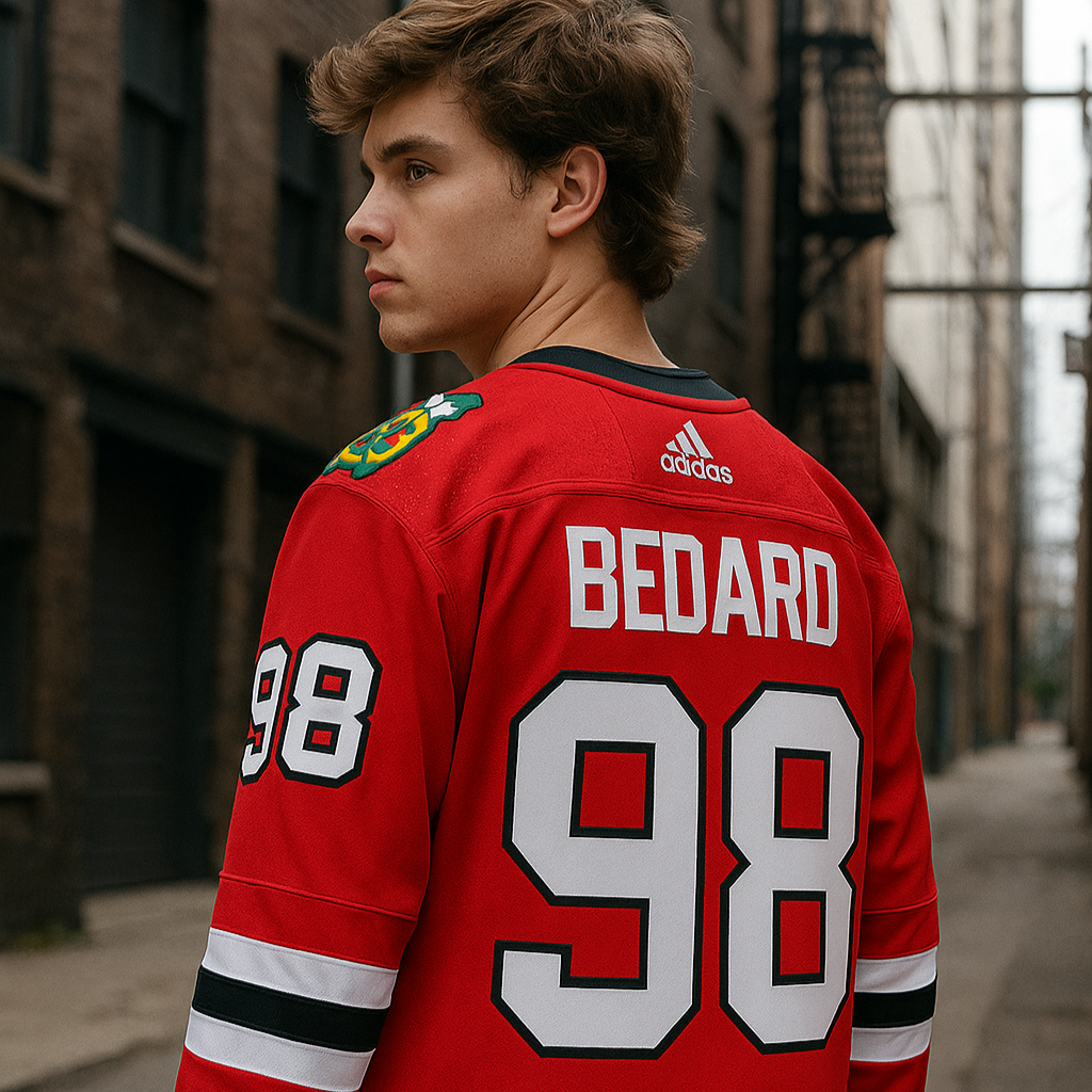 Person wearing a red hockey jersey with 'Bedard' and number '98' in an urban setting.