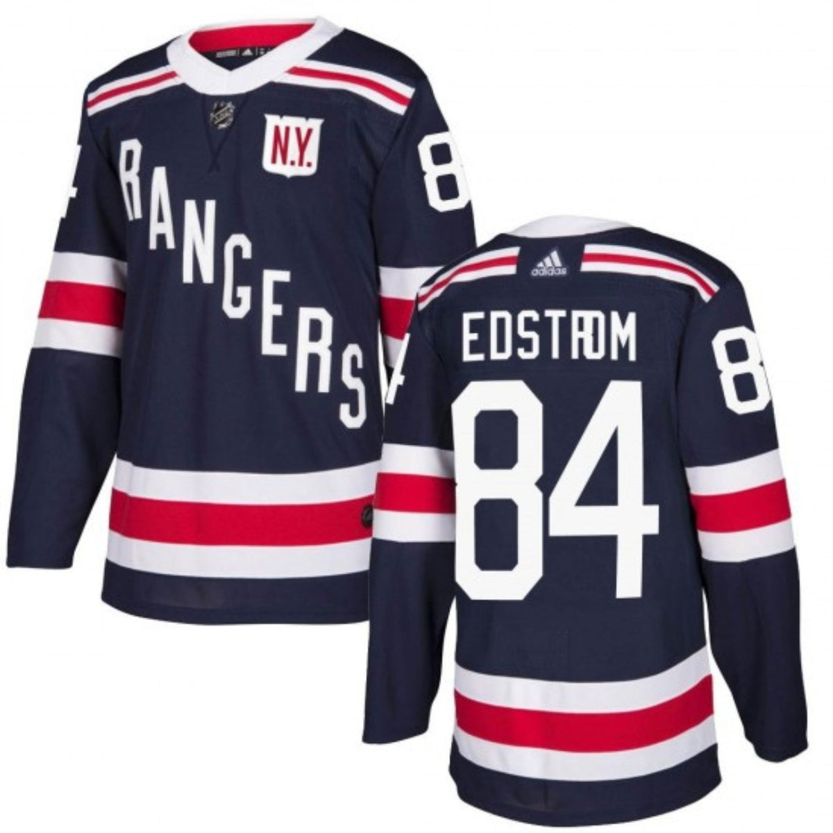 Detail of collar and stitching on Adam Edstrom Rangers 84 jersey