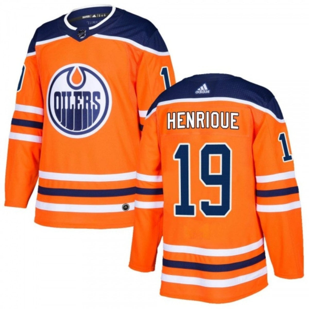 Close-up of Edmonton Oilers logo on Adam Henrique jersey
