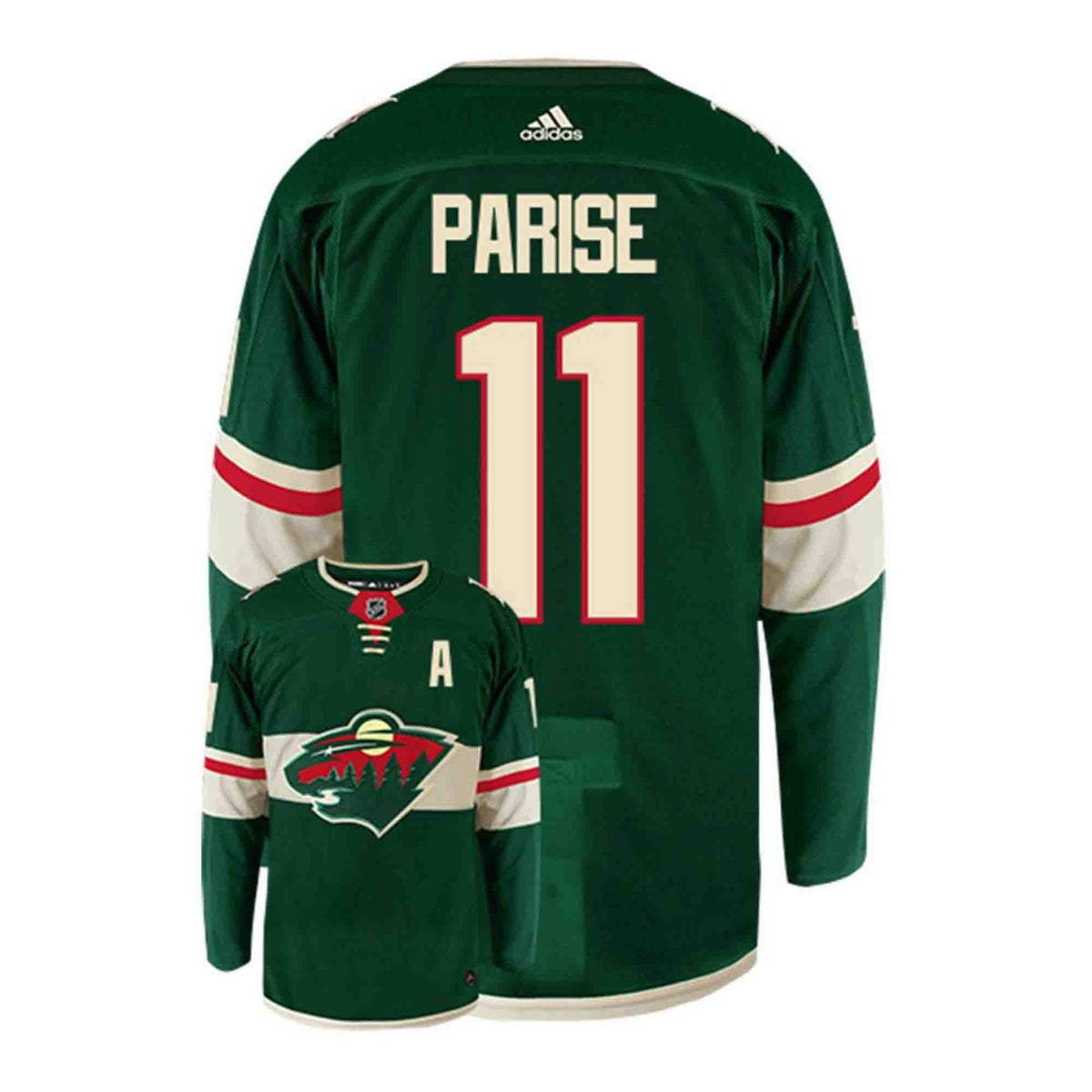 Front view of Zach Parise Minnesota Wild 11 hockey jersey
