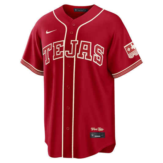Red baseball jersey with 'TEJAS' printed