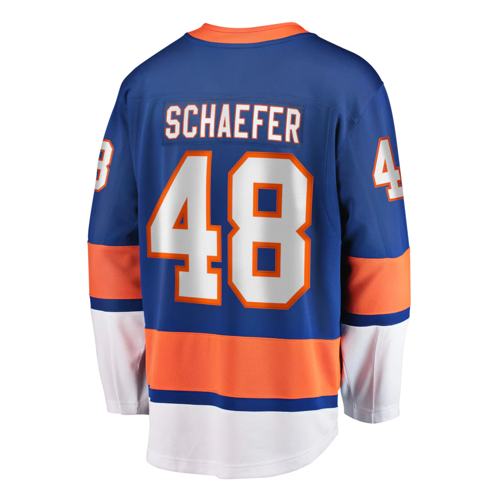 Close-up of New York Islanders logo on Matthew Schaefer royal blue hockey jersey