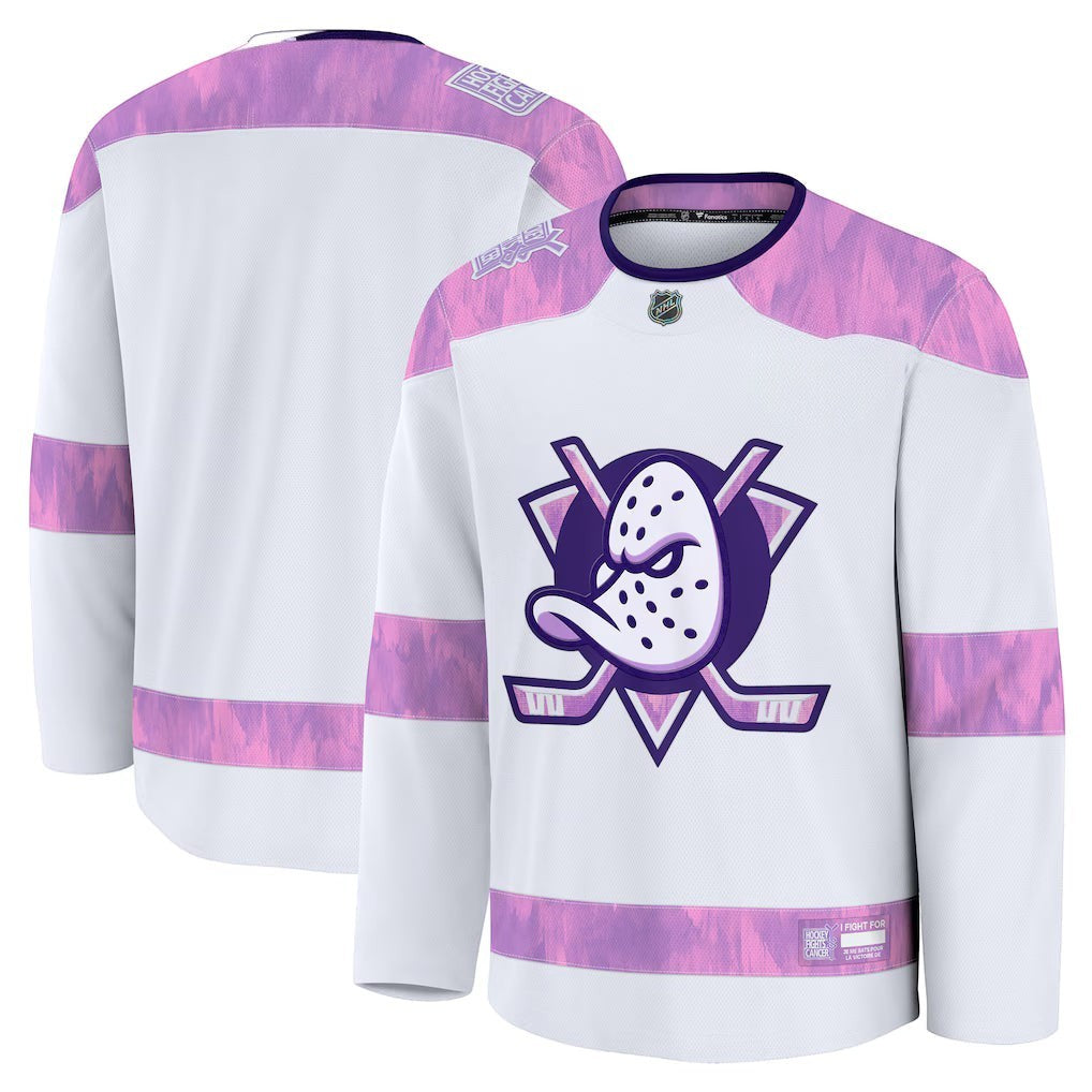 Anaheim Ducks 2026 Hockey Fights Cancer Practice Jersey in white