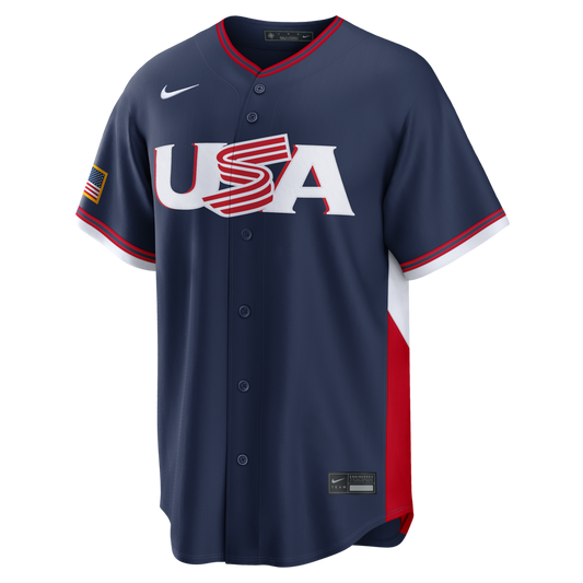 Navy baseball jersey with 'USA' logo on a white background
