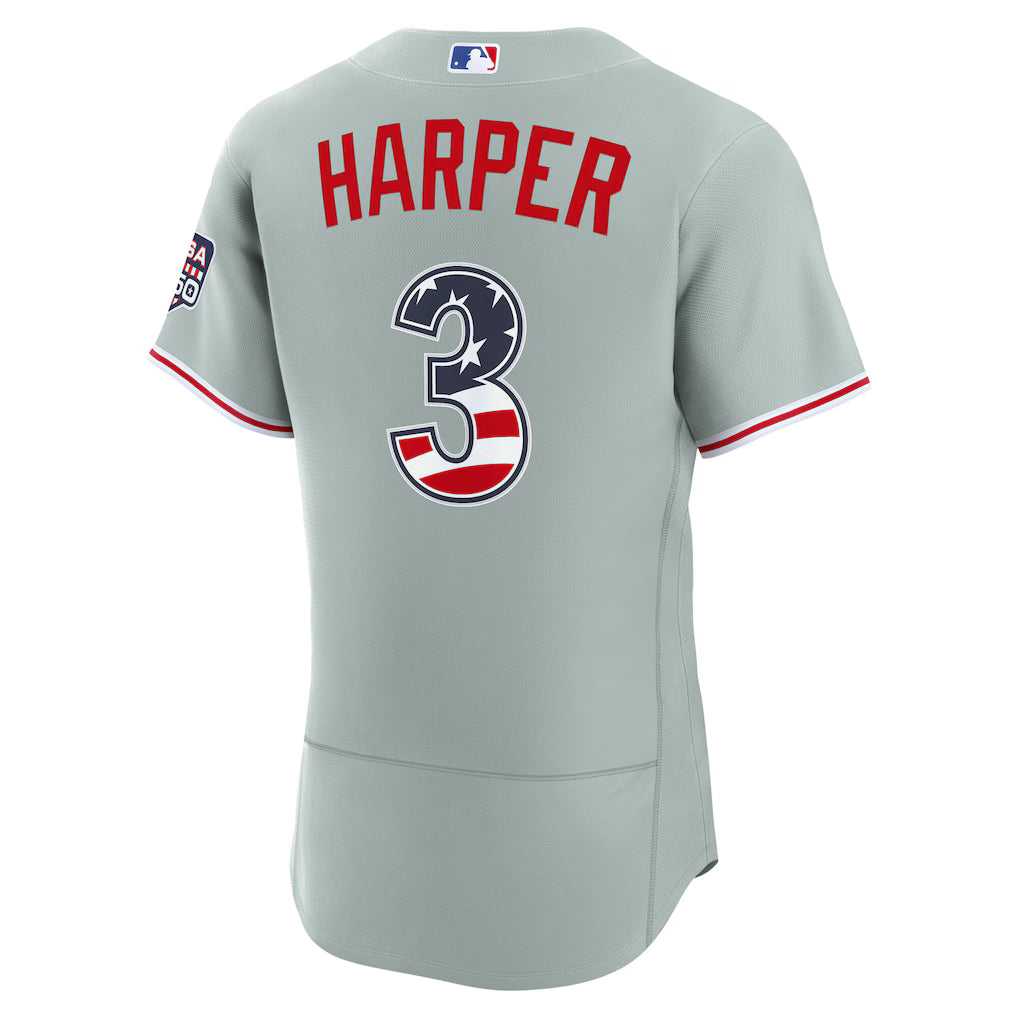 Bryce Harper #3 Philadelphia Phillies USA 250 Fourth of July Road Baseball Jersey – Gray