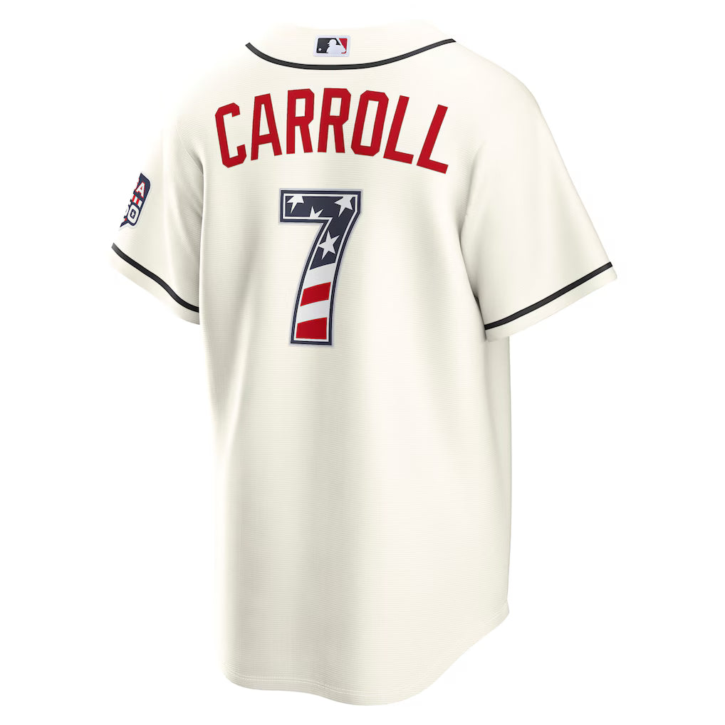Detailed closeup of Corbin Carroll Arizona Diamondbacks USA 250 Fourth of July Home Baseball Jersey in cream