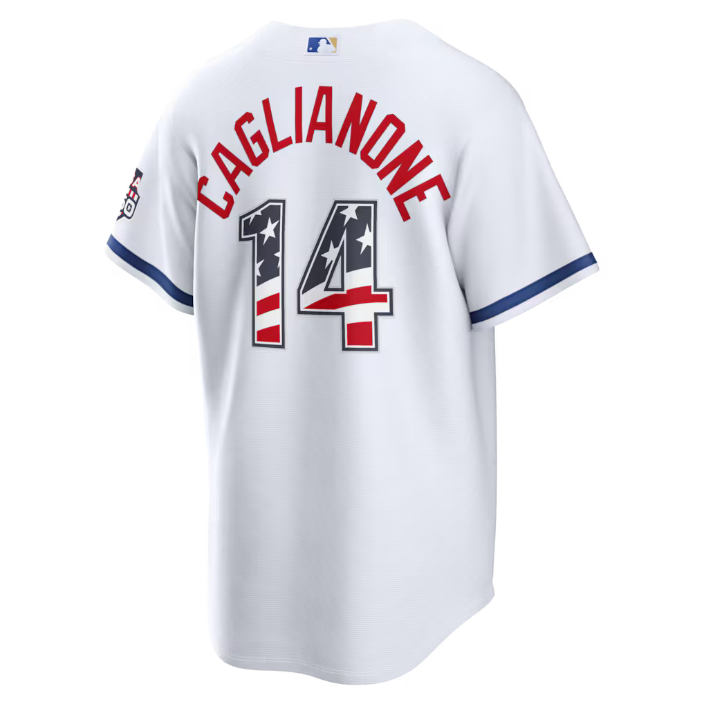Close-up of Jac Caglianone player graphics on Royals Fourth of July jersey