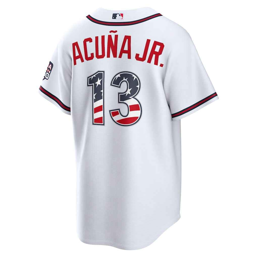 Back view of Ronald Acuña Jr. Atlanta Braves USA 250 Fourth of July Home Baseball Jersey