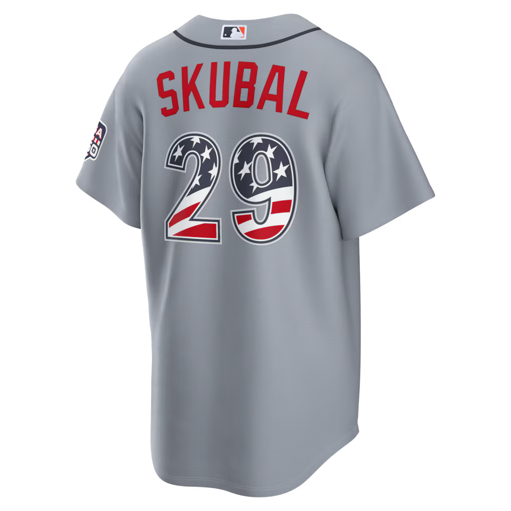 Close-up of USA 250 patriotic detail on Tarik Skubal Detroit Tigers jersey