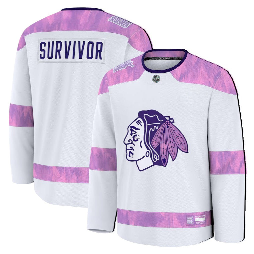 Sports Jersey Direct Chicago Blackhawks Hockey Fights Cancer practice jersey in white with purple tie-dye accents.
