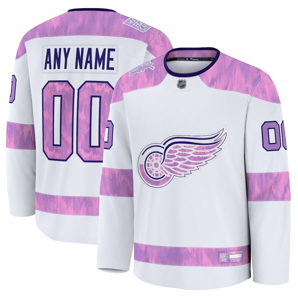 Sports Jersey Direct Detroit Red Wings 2026 Hockey Fights Cancer custom white practice jersey with purple accents