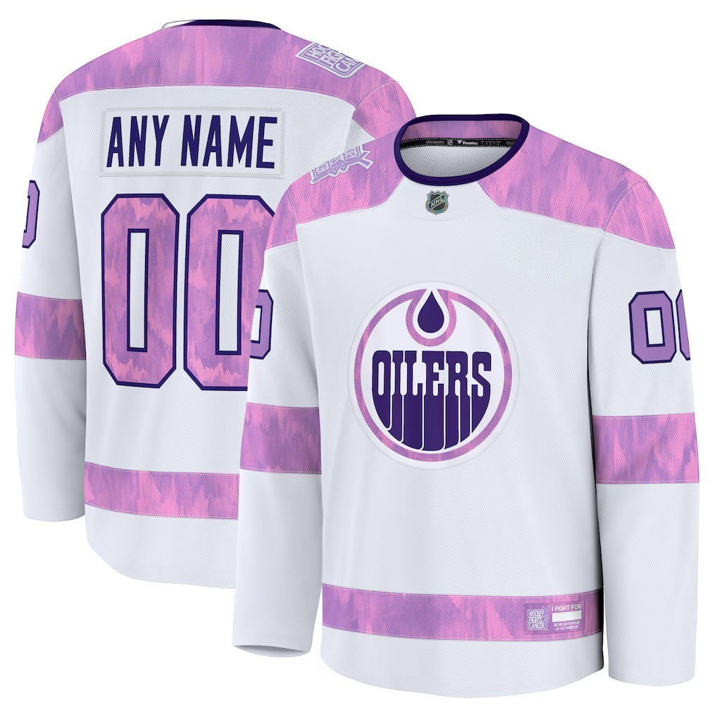 Sports Jersey Direct Edmonton Oilers 2026 Hockey Fights Cancer custom white practice jersey with purple tie-dye accents