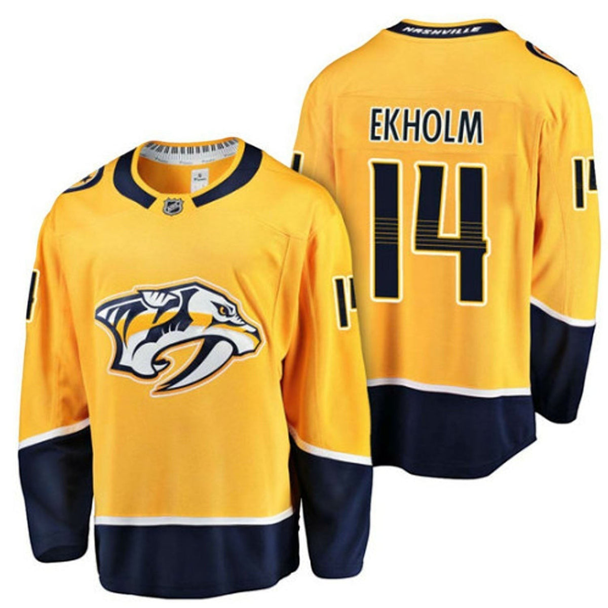 Sports Jersey Direct Mattias Ekholm 14 Nashville Predators yellow and navy hockey jersey front and back view