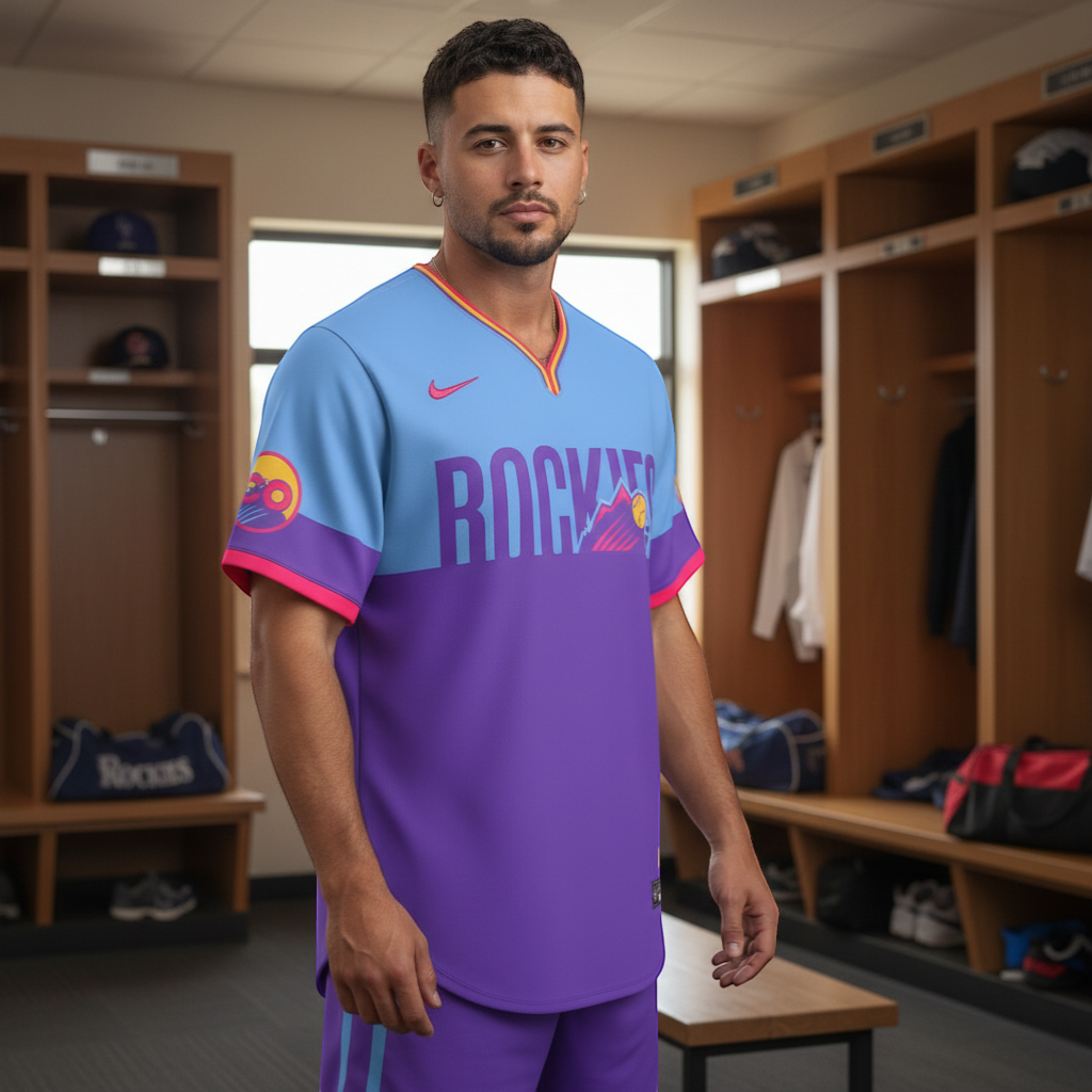 Sports Jersey Direct Colorado Rockies 2025-26 City Connect Limited Jersey in purple and light blue with pink trim.