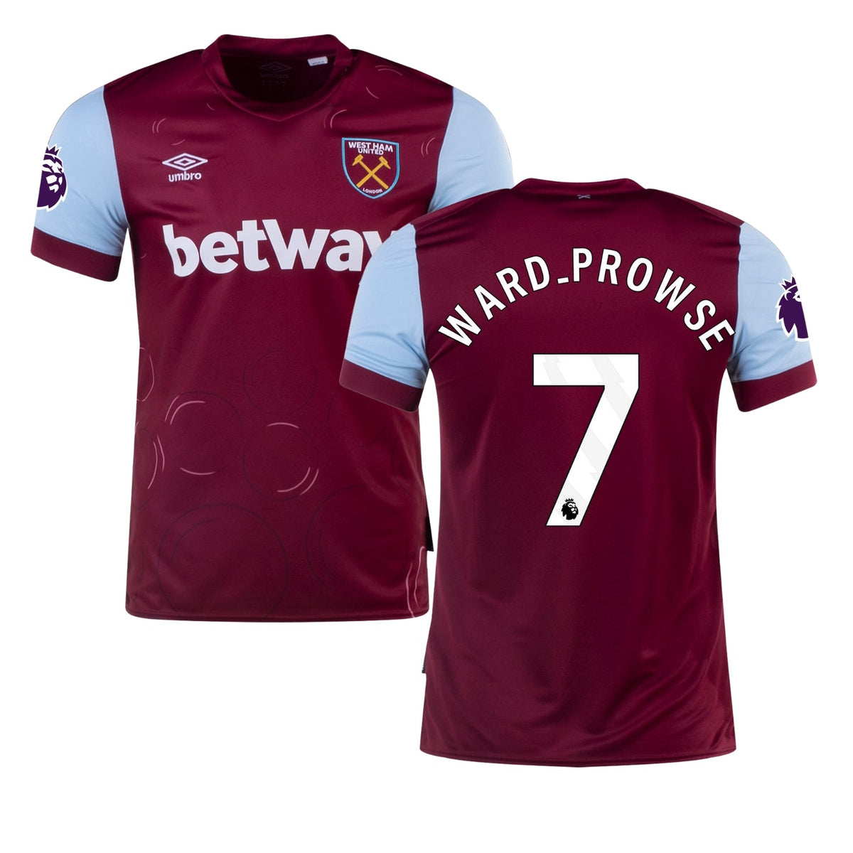 Close-up of fabric and detailing on James Ward-Prowse West Ham 7 jersey