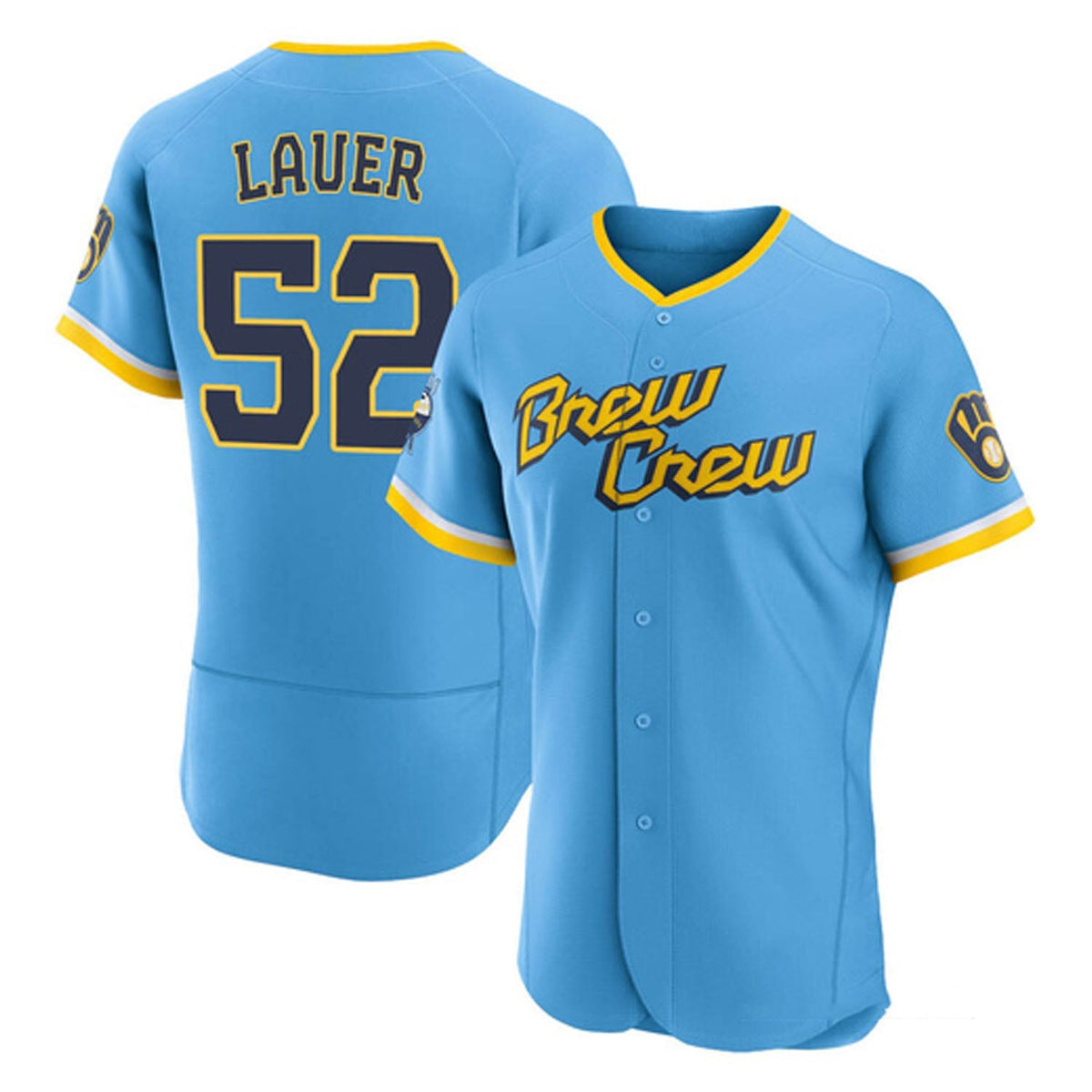 Close-up of Eric Lauer name on Milwaukee Brewers jersey