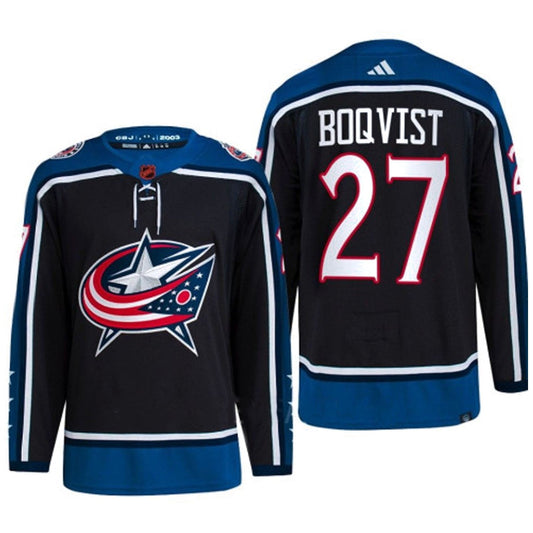 Front view of Adam Boqvist Columbus Blue Jackets 27 jersey
