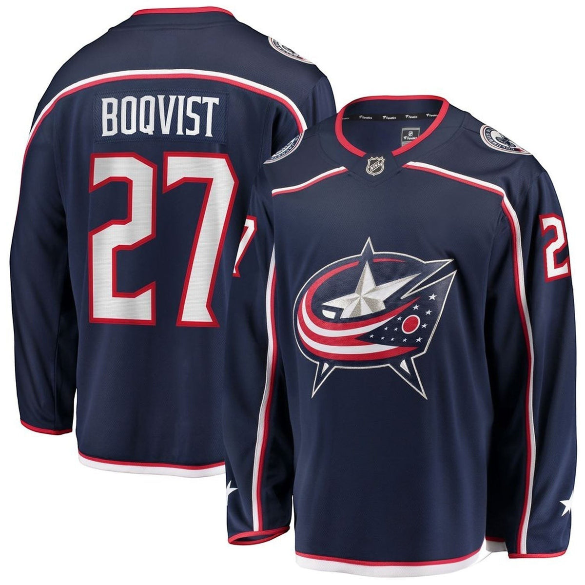 Side view of Adam Boqvist Columbus Blue Jackets 27 hockey jersey