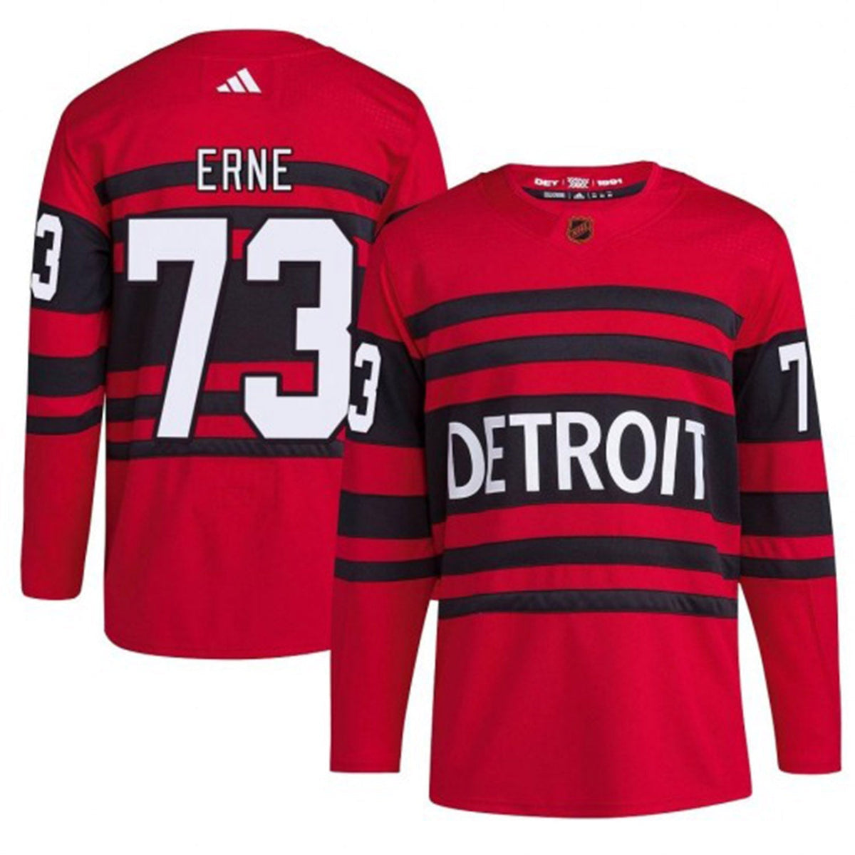 Full front view of Adam Erne Detroit Red Wings jersey