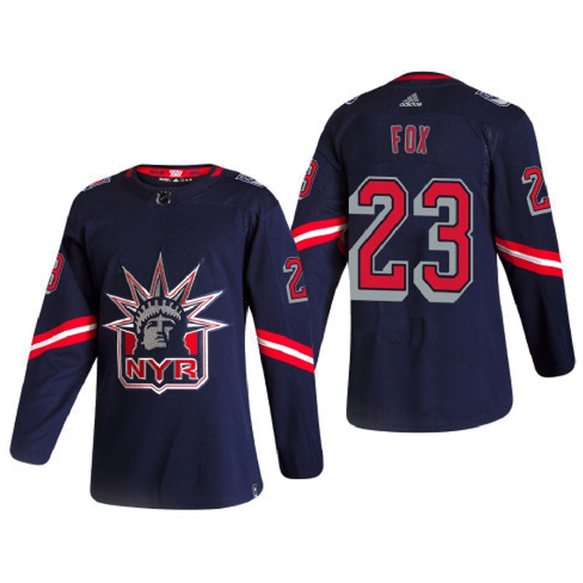 Adam Fox New York Rangers 23 jersey hanging on display