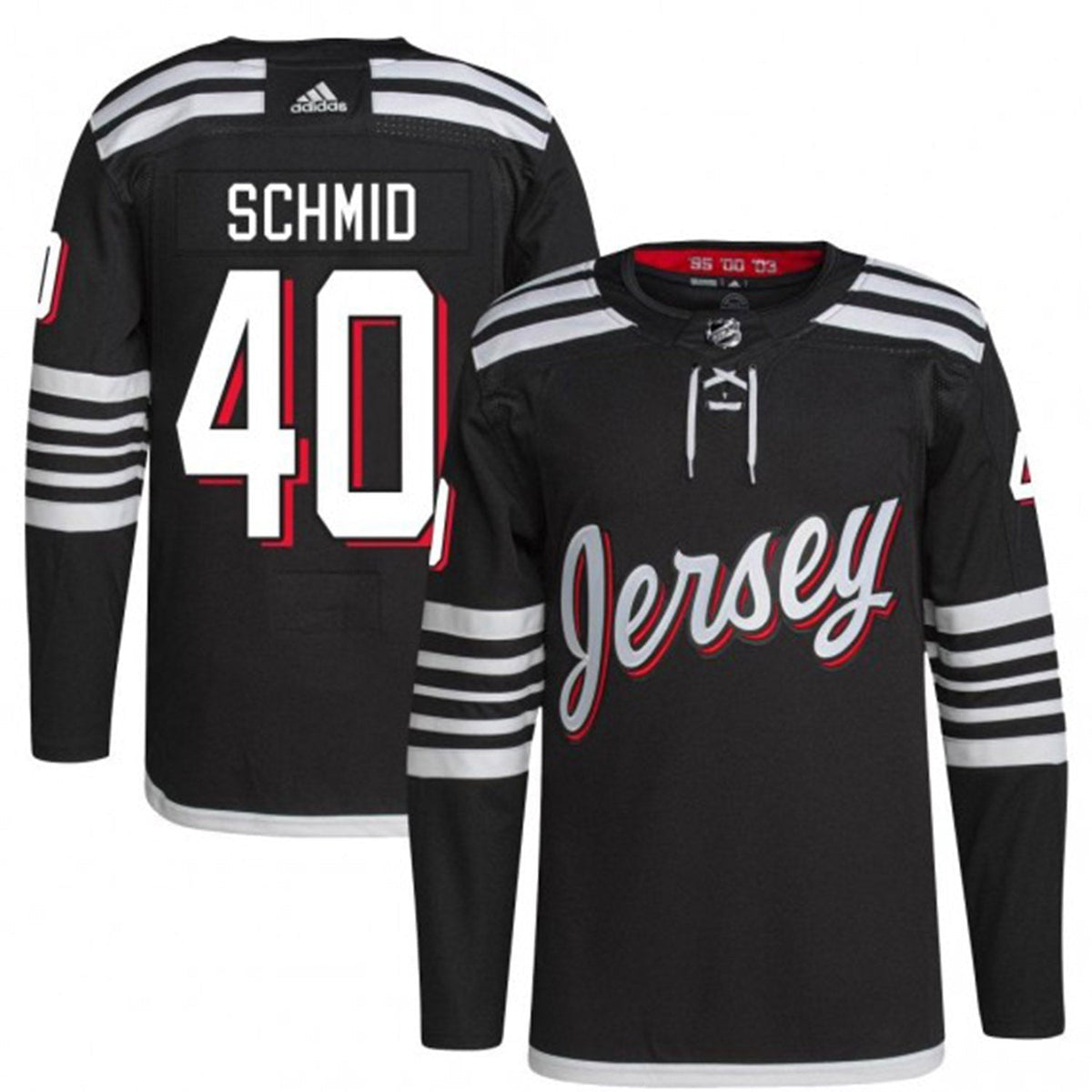 Close-up of sleeve design on New Jersey Devils jersey