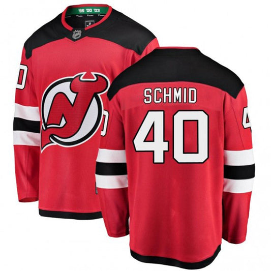 Front view of Akira Schmid New Jersey Devils 40 hockey jersey