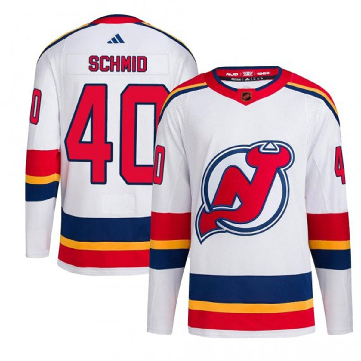 Close-up of team logo on Akira Schmid New Jersey Devils jersey