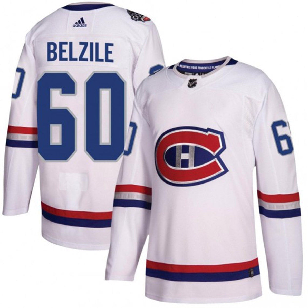Close-up of Montreal Canadien logo on Alex Belzile jersey