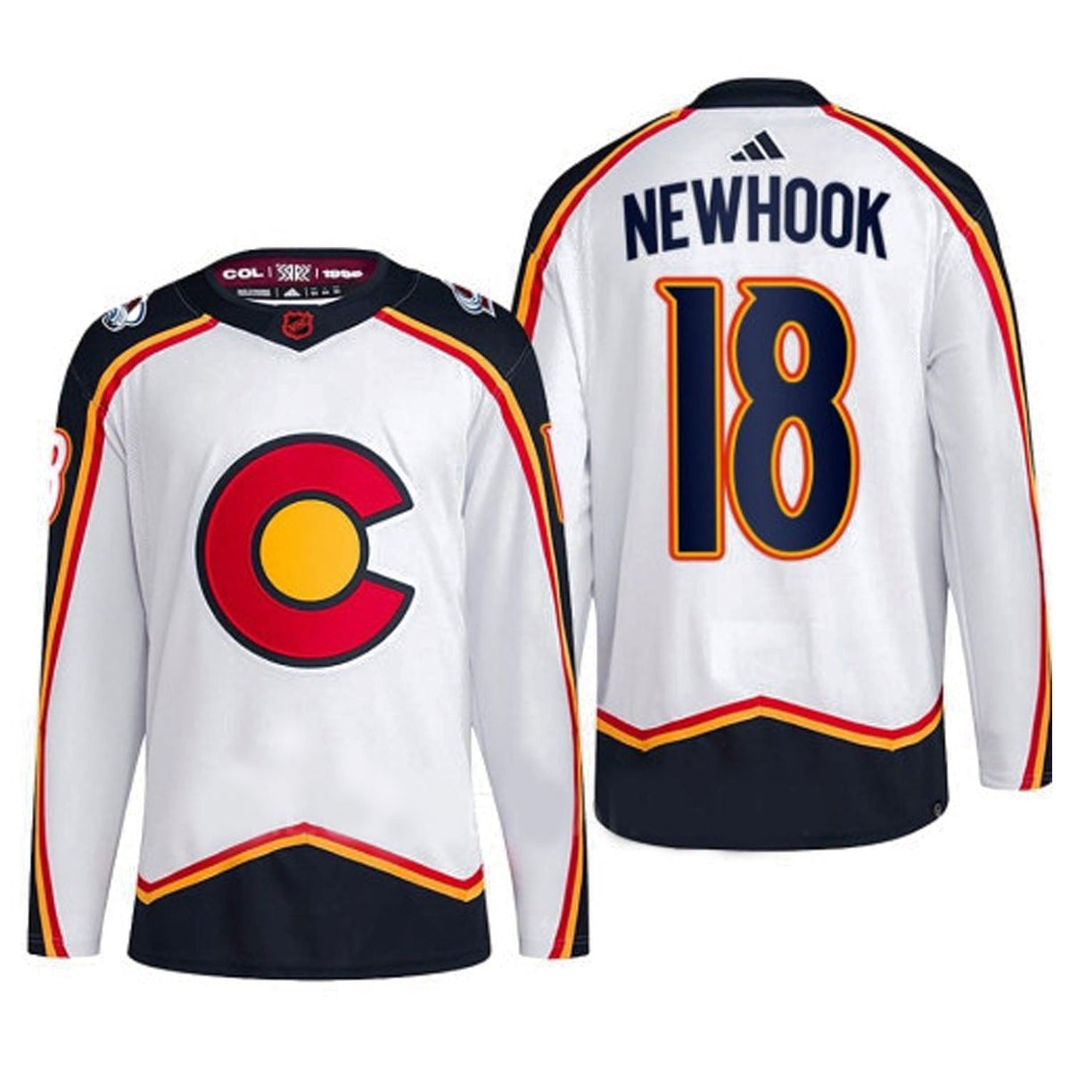 Alex Newhook Colorado Avalanche 18 jersey hanging on hanger