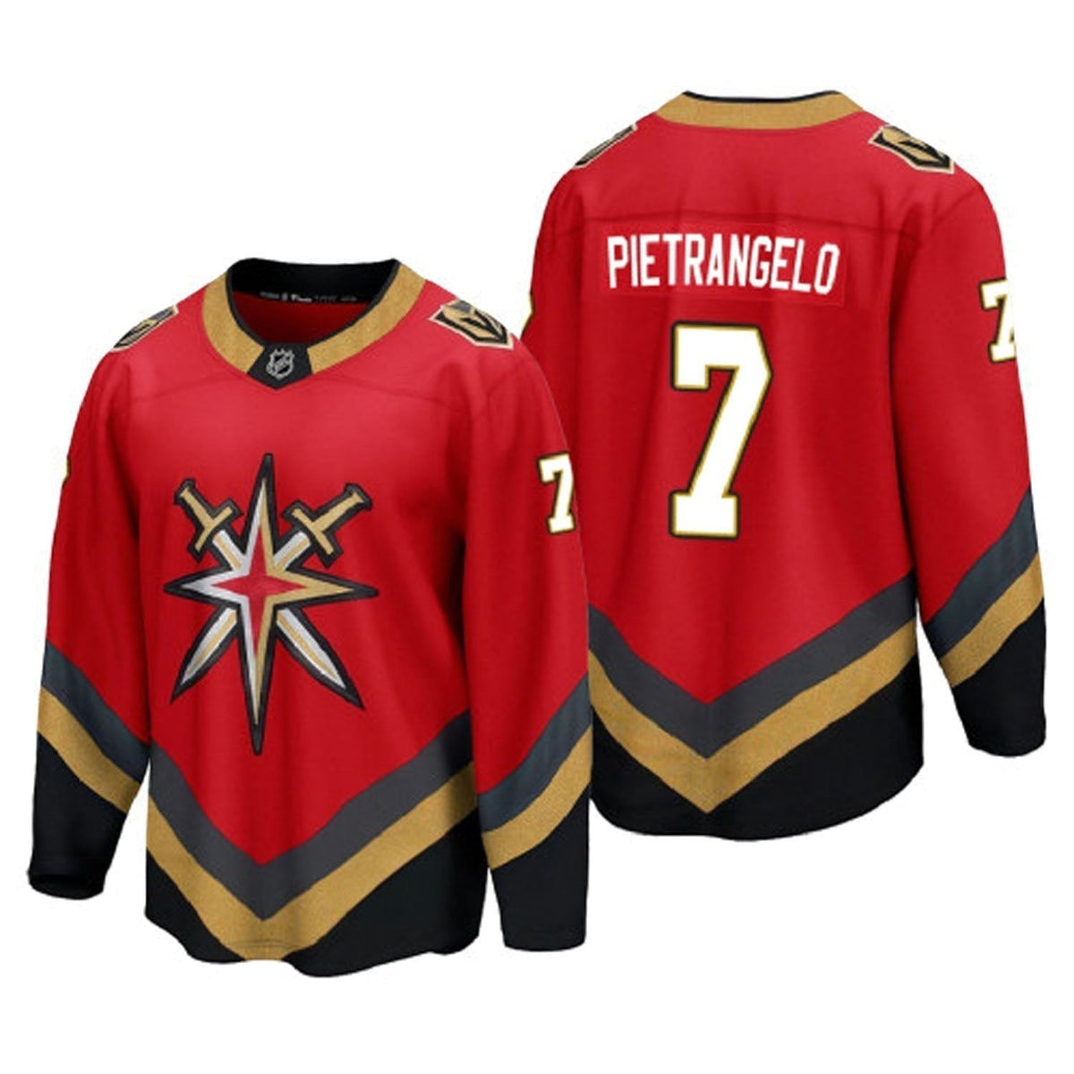 Vegas Golden Knights colors and design on Alex Pietrangelo jersey