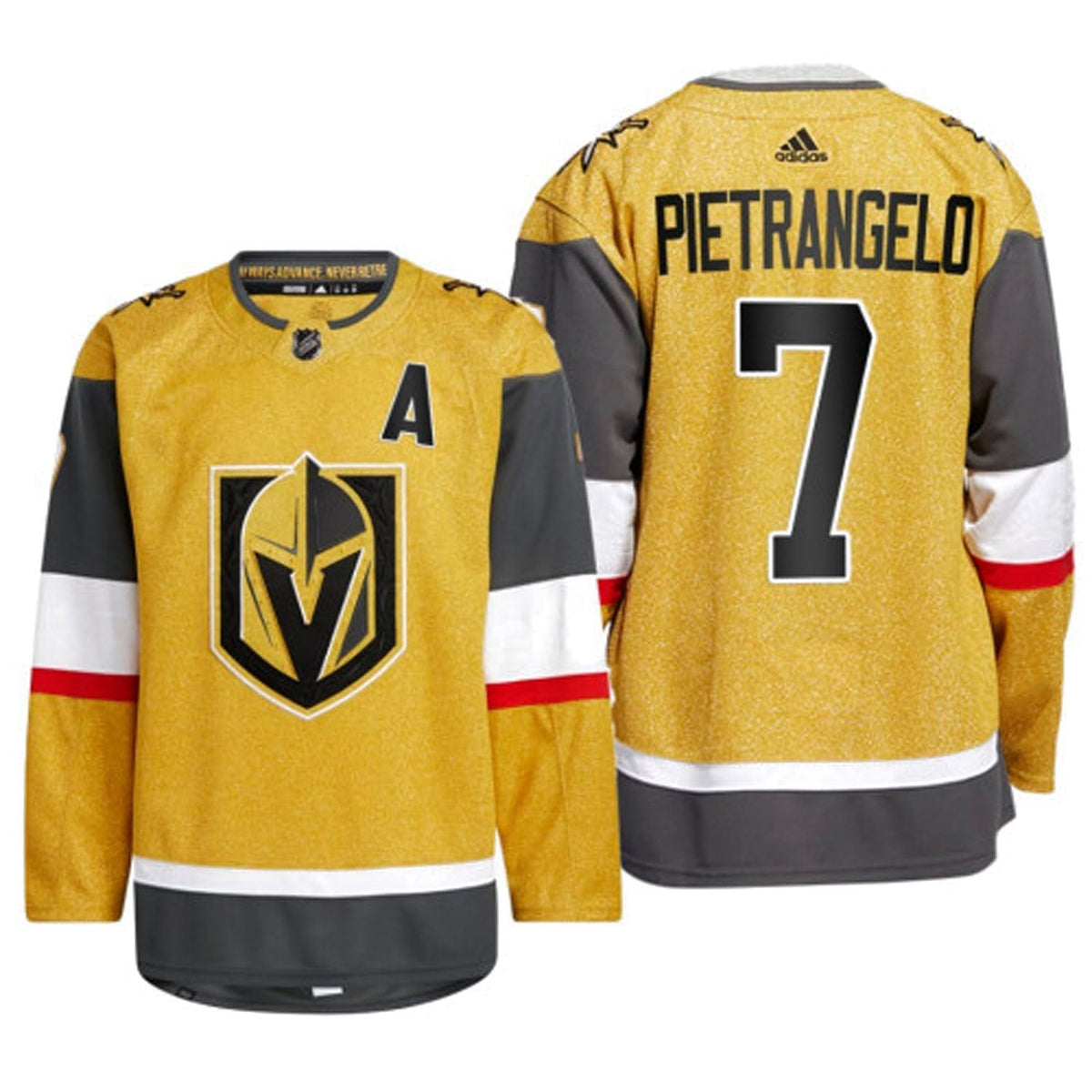 Close-up of Vegas Golden Knights logo on Alex Pietrangelo jersey