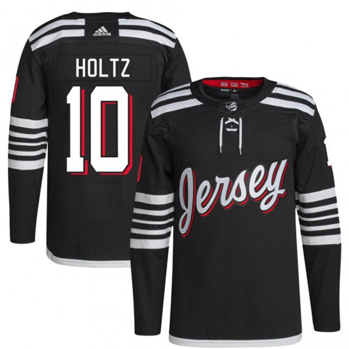 Detail of Alexander Holtz name on back of jersey
