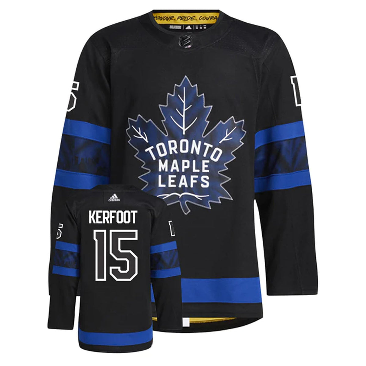 Full Toronto Maple Leafs Alexander Kerfoot jersey laid flat