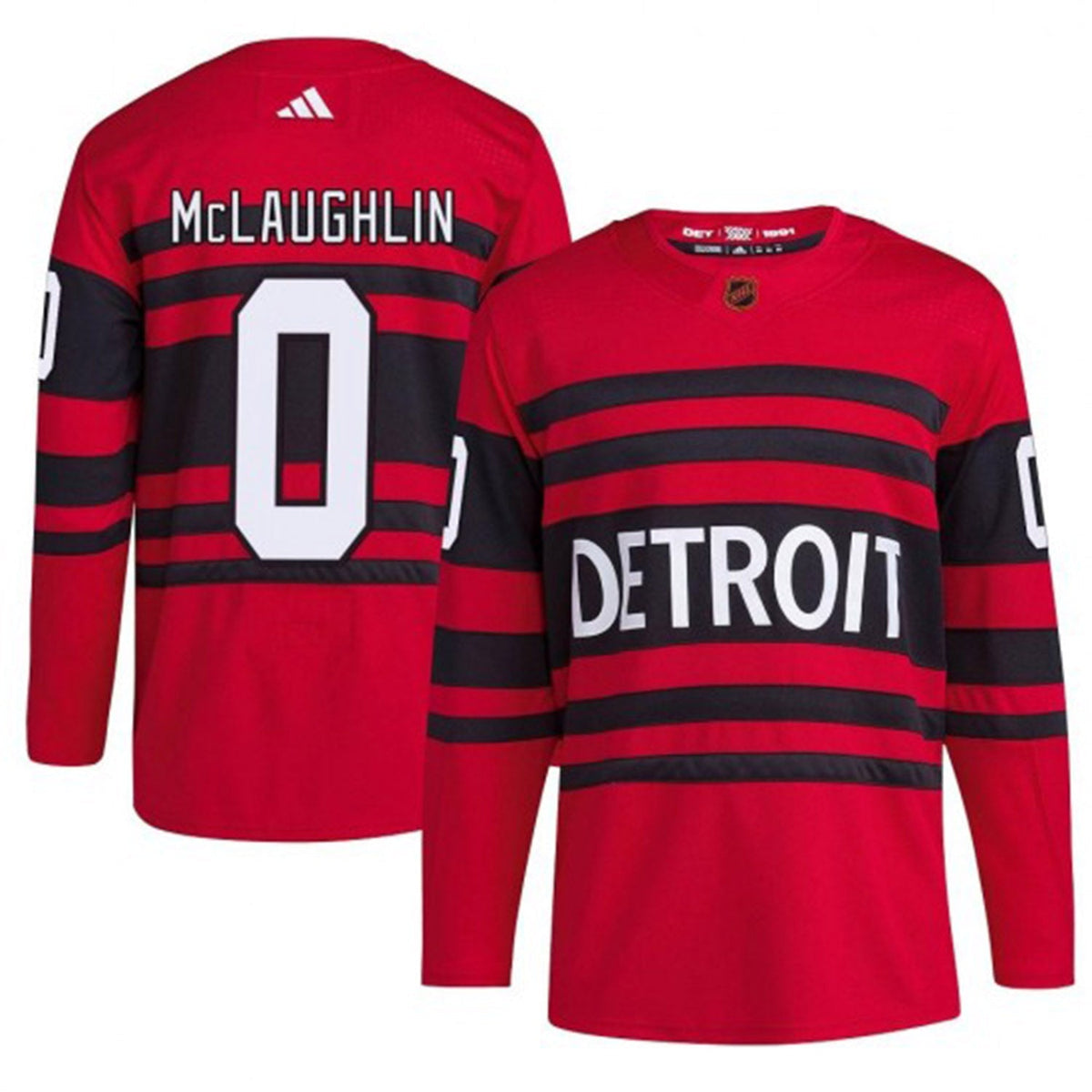 Back view of Dylan McLaughlin Detroit Red Wings 0 hockey jersey