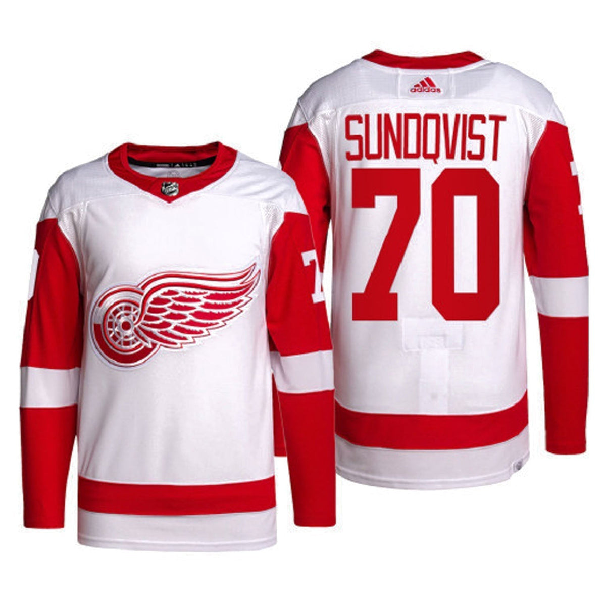 Back view showing Sundqvist name and number 70 on Detroit Red Wings jersey