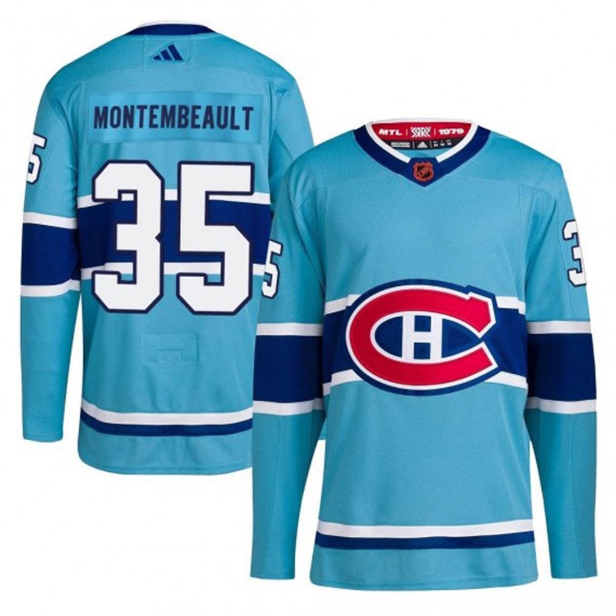 Full Montreal Canadiens Sam Montembeault jersey laid flat