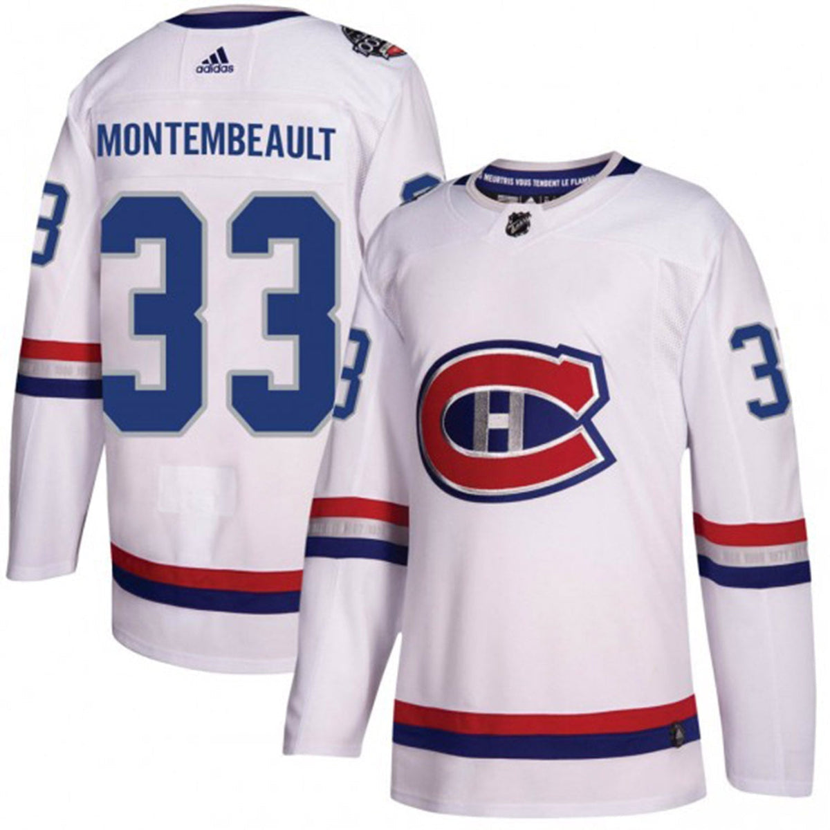 Collar detail of Sam Montembeault hockey jersey