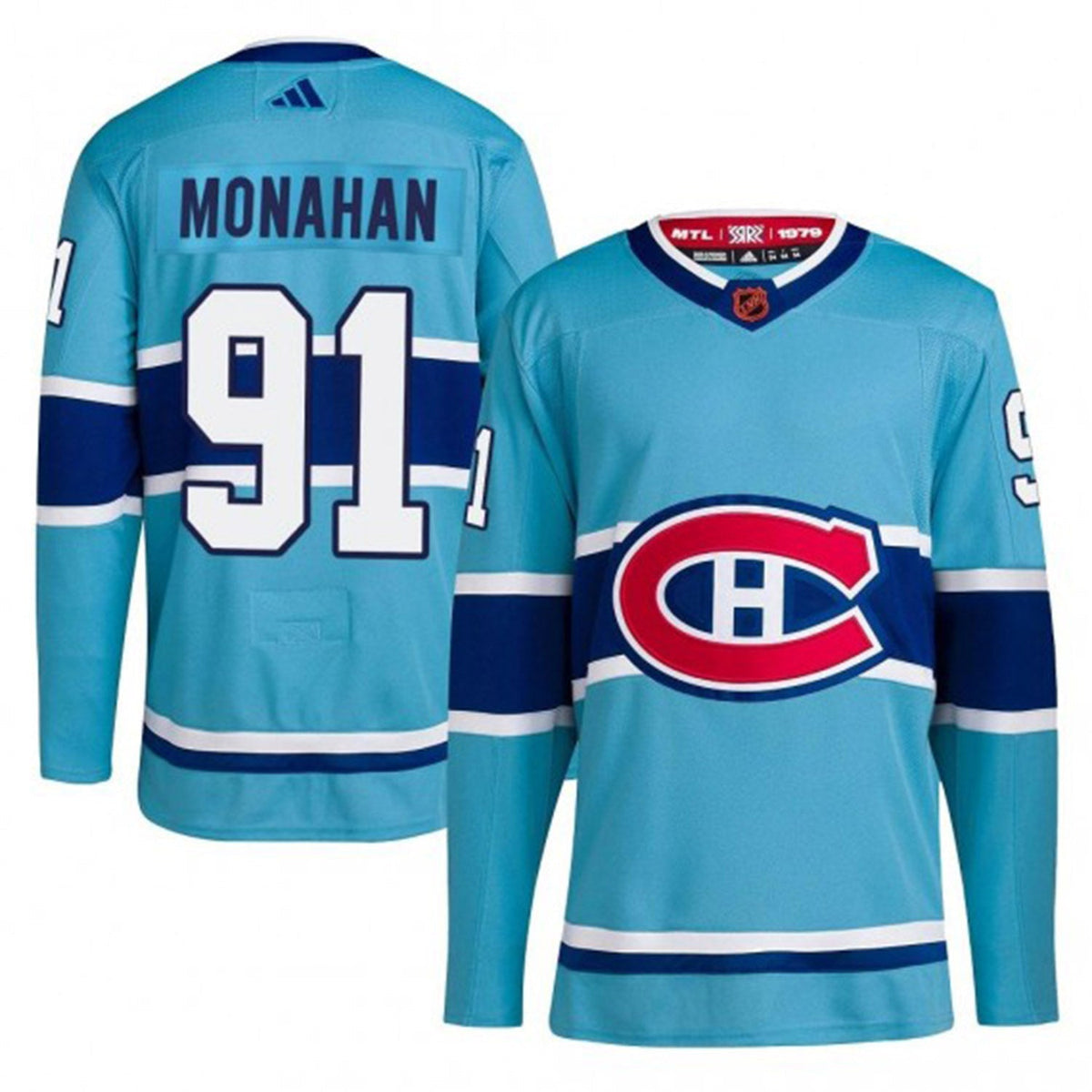 Sean Monahan Montreal Canadiens 91 jersey displayed on hanger