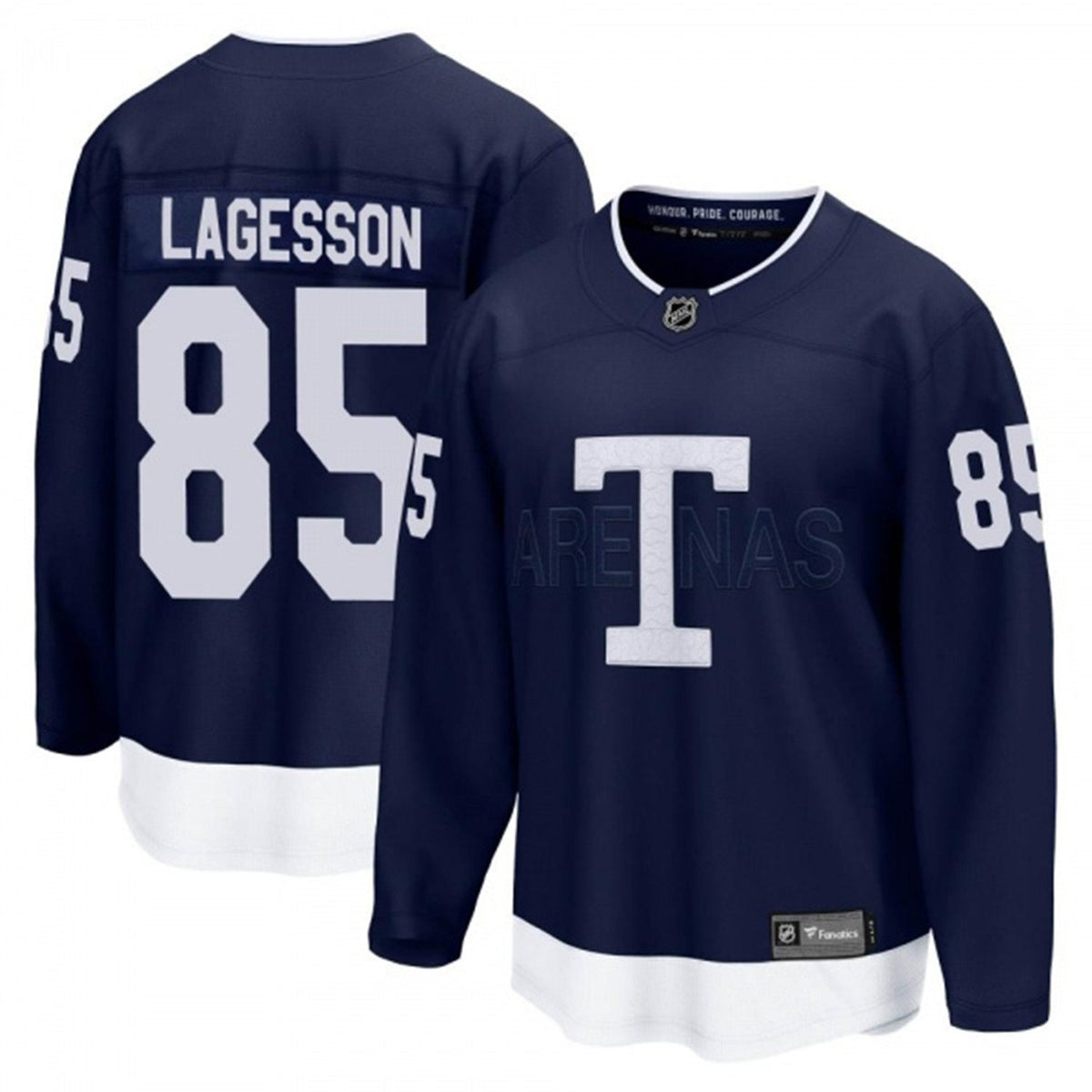 Close-up of Toronto Maple Leafs logo on William Lagesson jersey