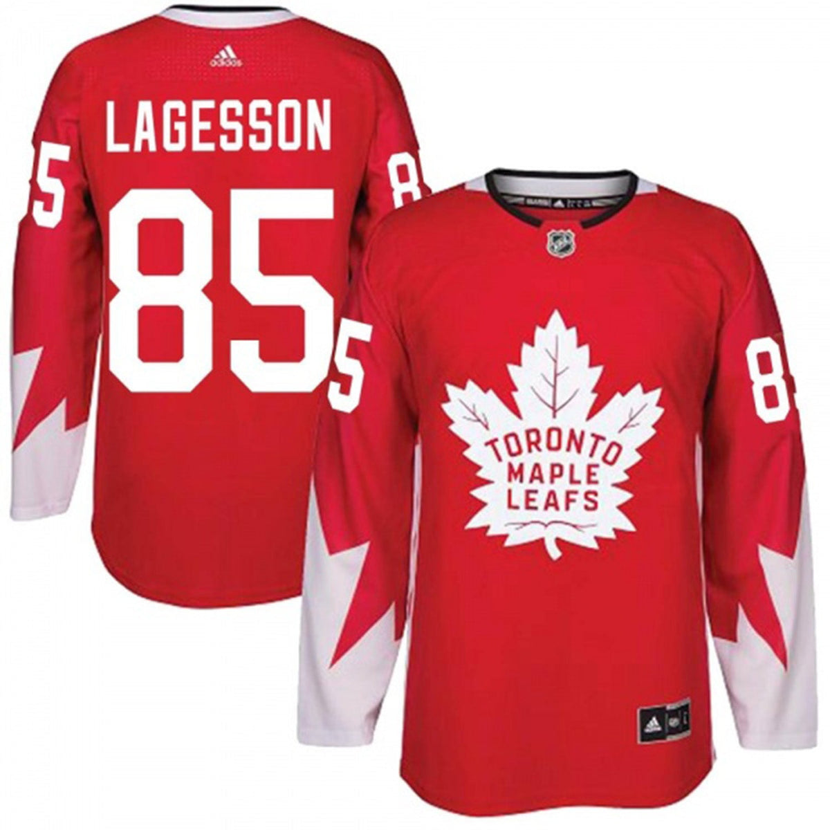 Side angle of William Lagesson Toronto Maple Leafs 85 hockey jersey