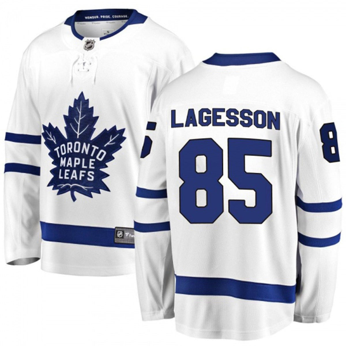 Back view of William Lagesson Toronto Maple Leafs 85 jersey showing number 85