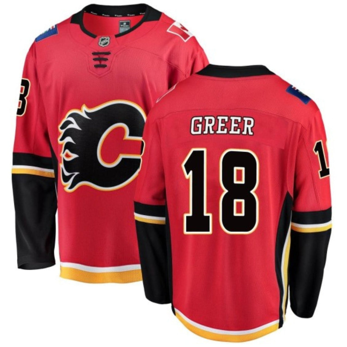Back view of Calgary Flames 18 jersey with A.J. Greer name and number