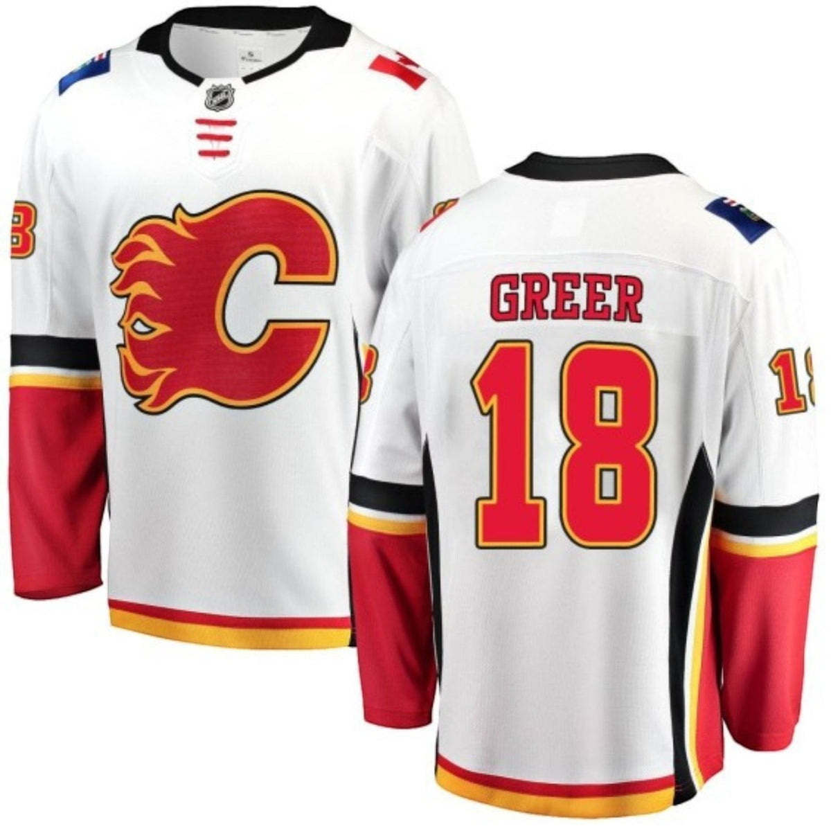 Close-up of Calgary Flames 18 jersey fabric and details