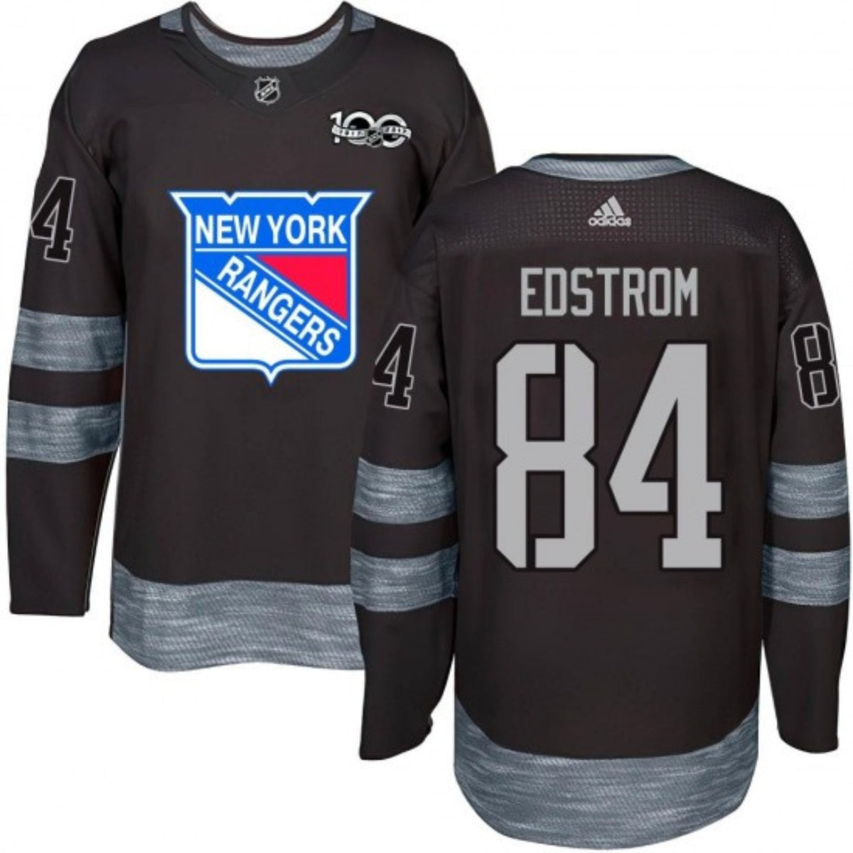 Close-up of the New York Rangers logo on Adam Edstrom jersey