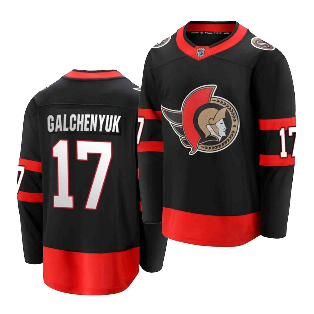 Close-up of Ottawa Senators logo on Alex Galchenyuk jersey