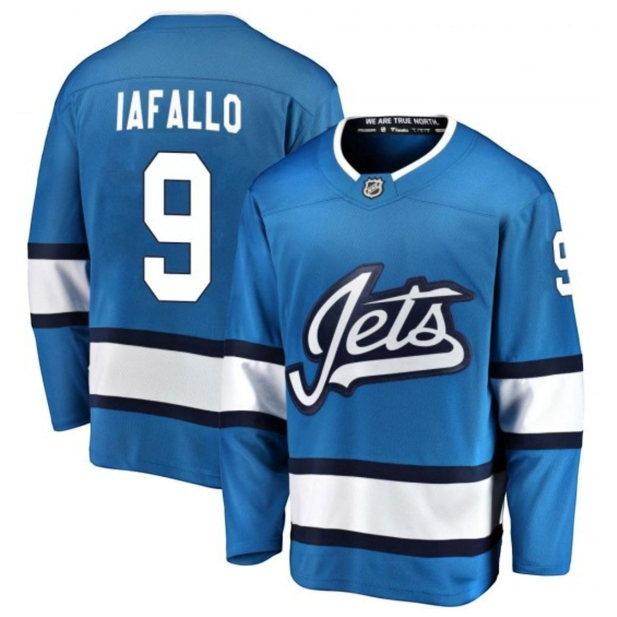 Close-up of stitching and fabric details on Alex Iafallo Winnipeg Jets jersey
