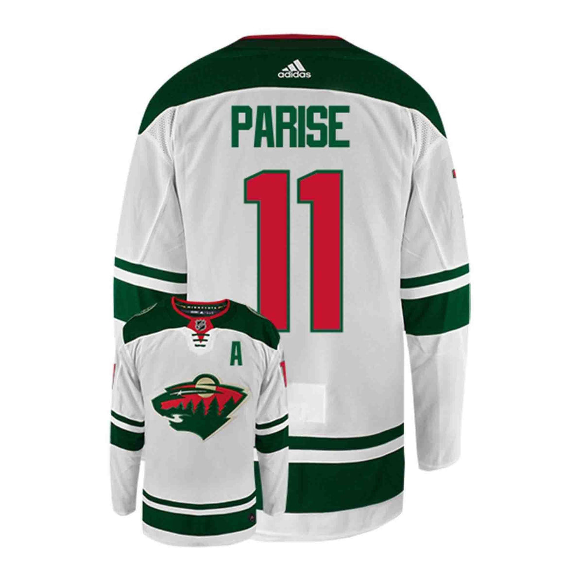Back view of Zach Parise Minnesota Wild 11 hockey jersey showing number 11