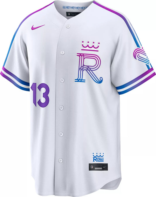 Baseball jersey with colorful designs and branding on a white background